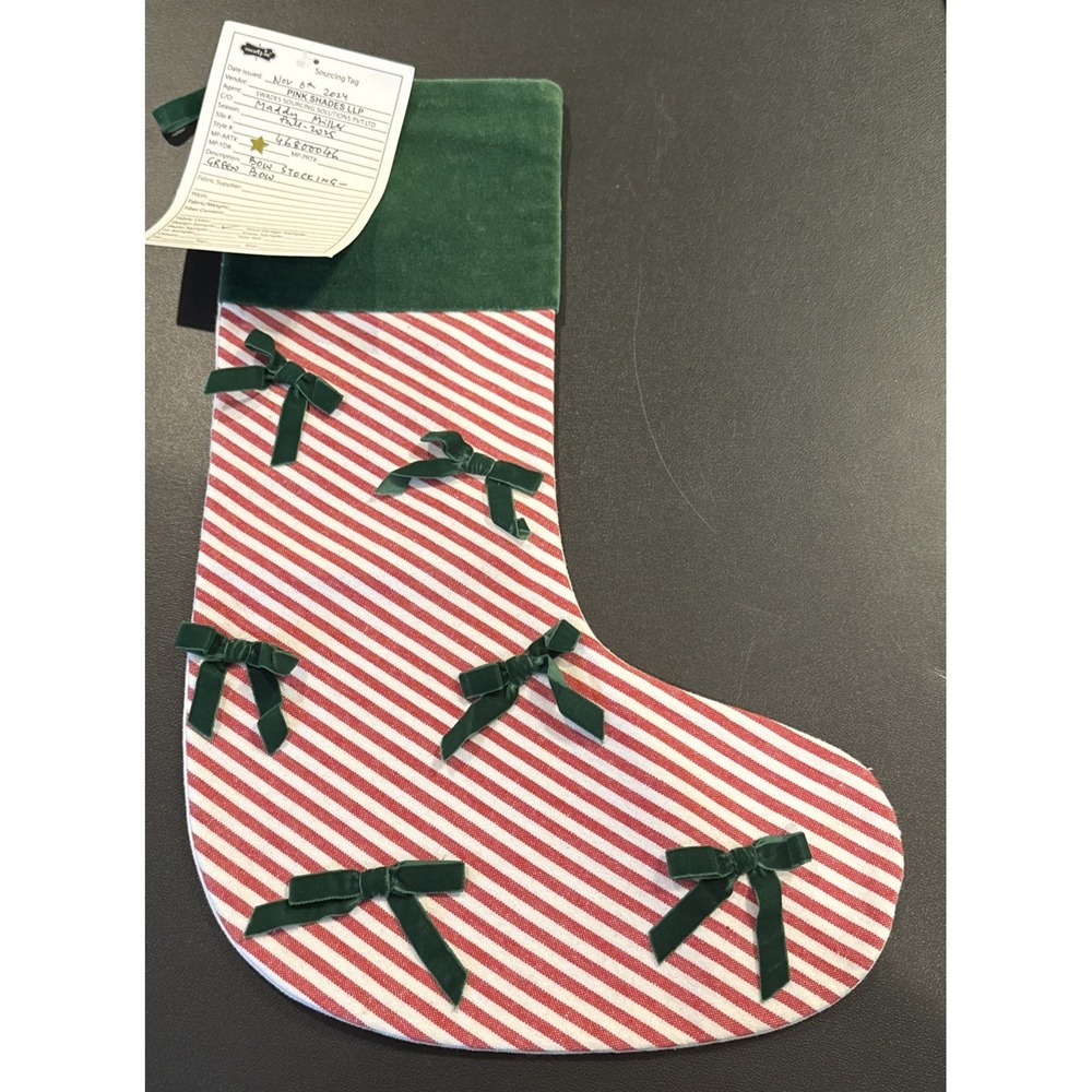 Mud Pie Red Green Striped Velvet Trim Bow Holiday Christmas Stocking 18 Inch NEW